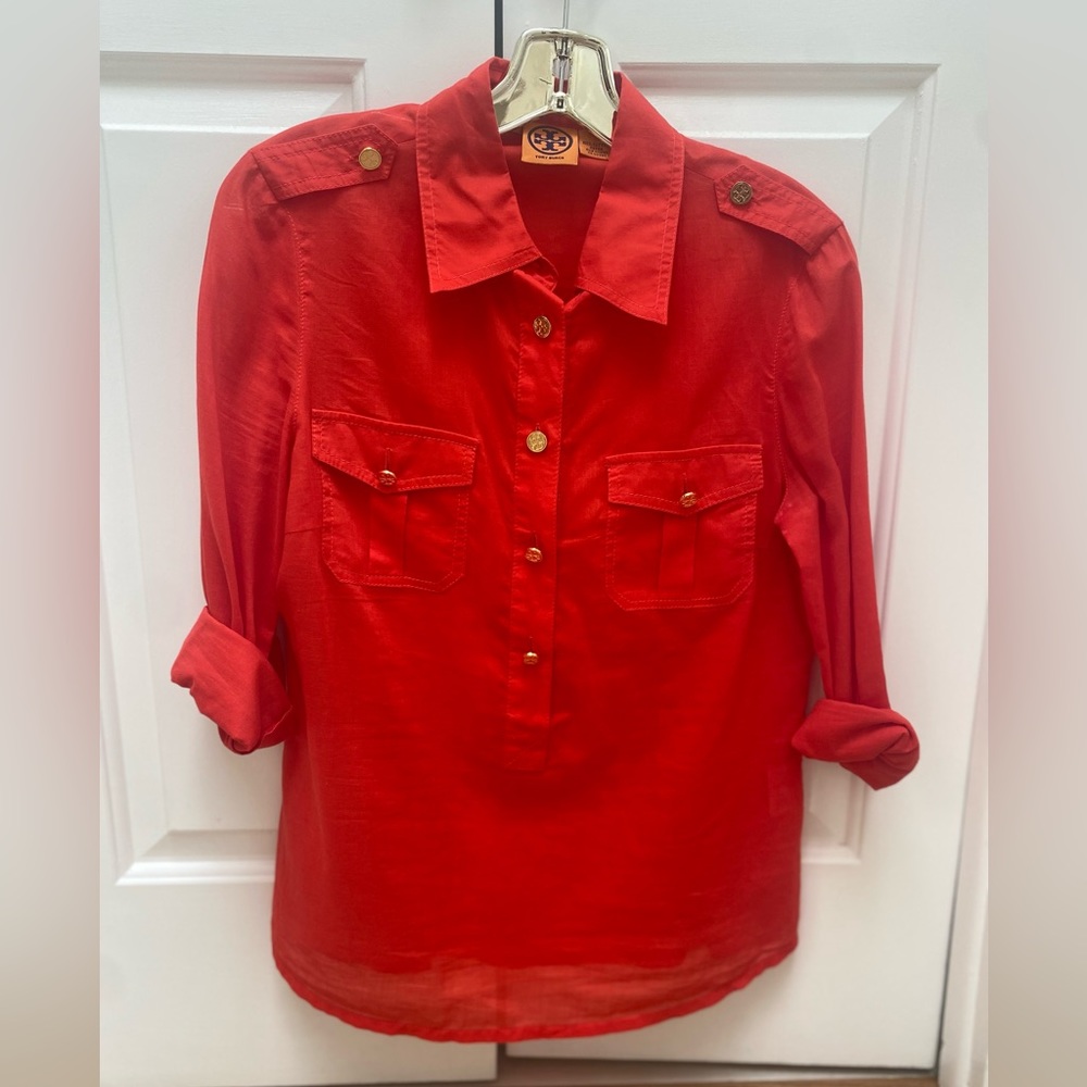Tory Burch orange top with beautiful gold Tory Burch buttons